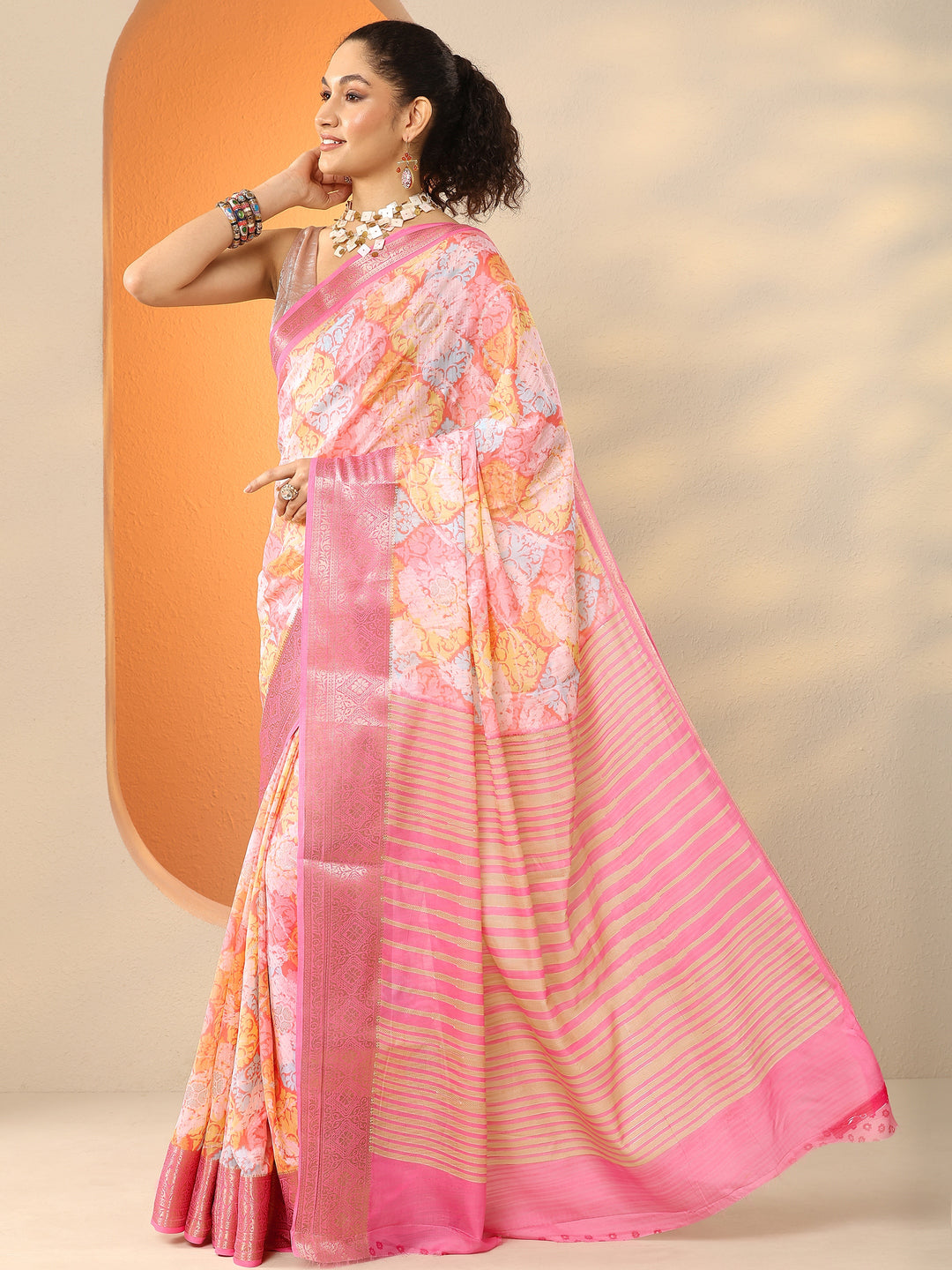  Multi Printed Silk Blend Saree With Unstitched Blouse Piece 