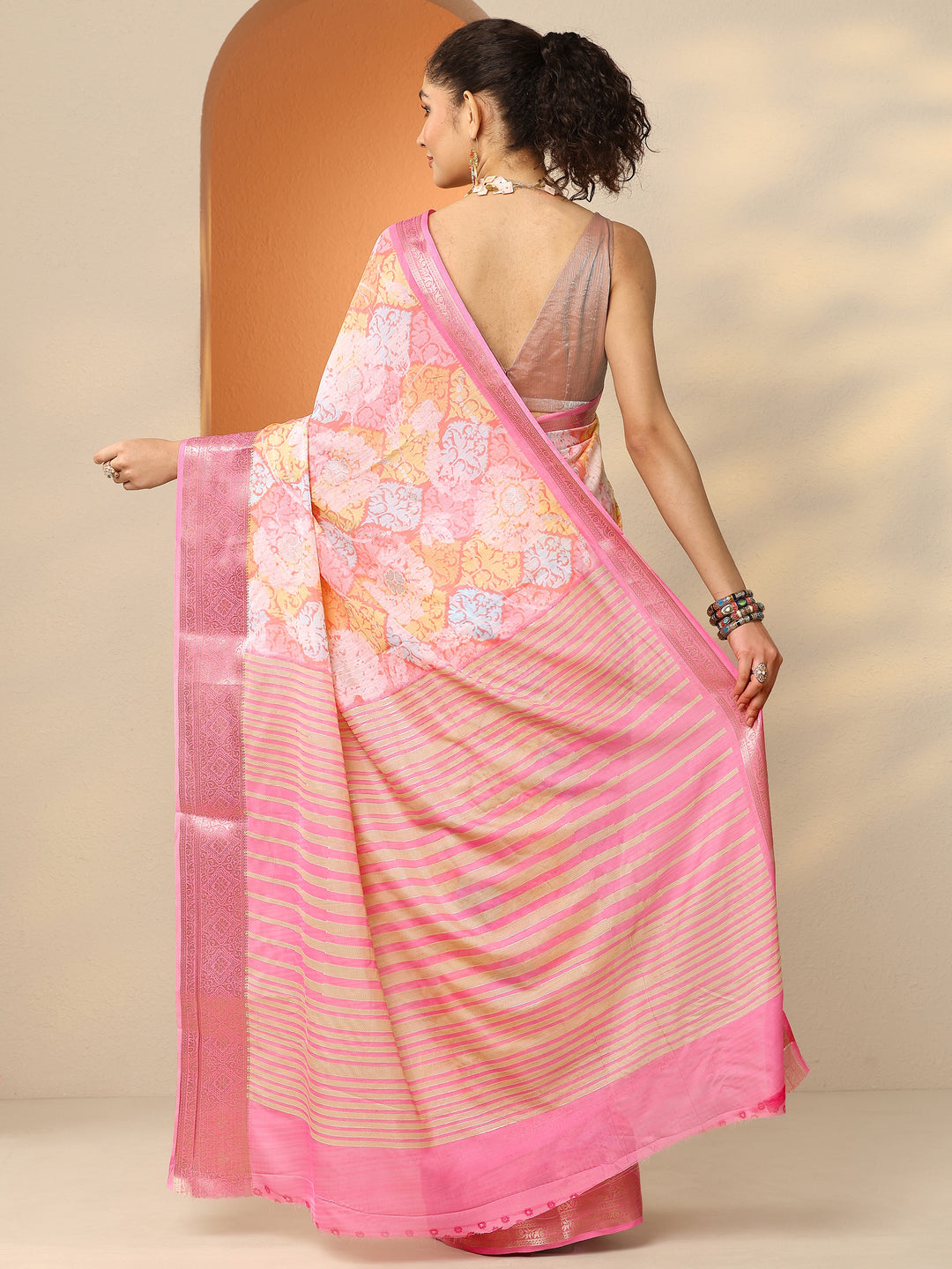  Multi Printed Silk Blend Saree With Unstitched Blouse Piece 