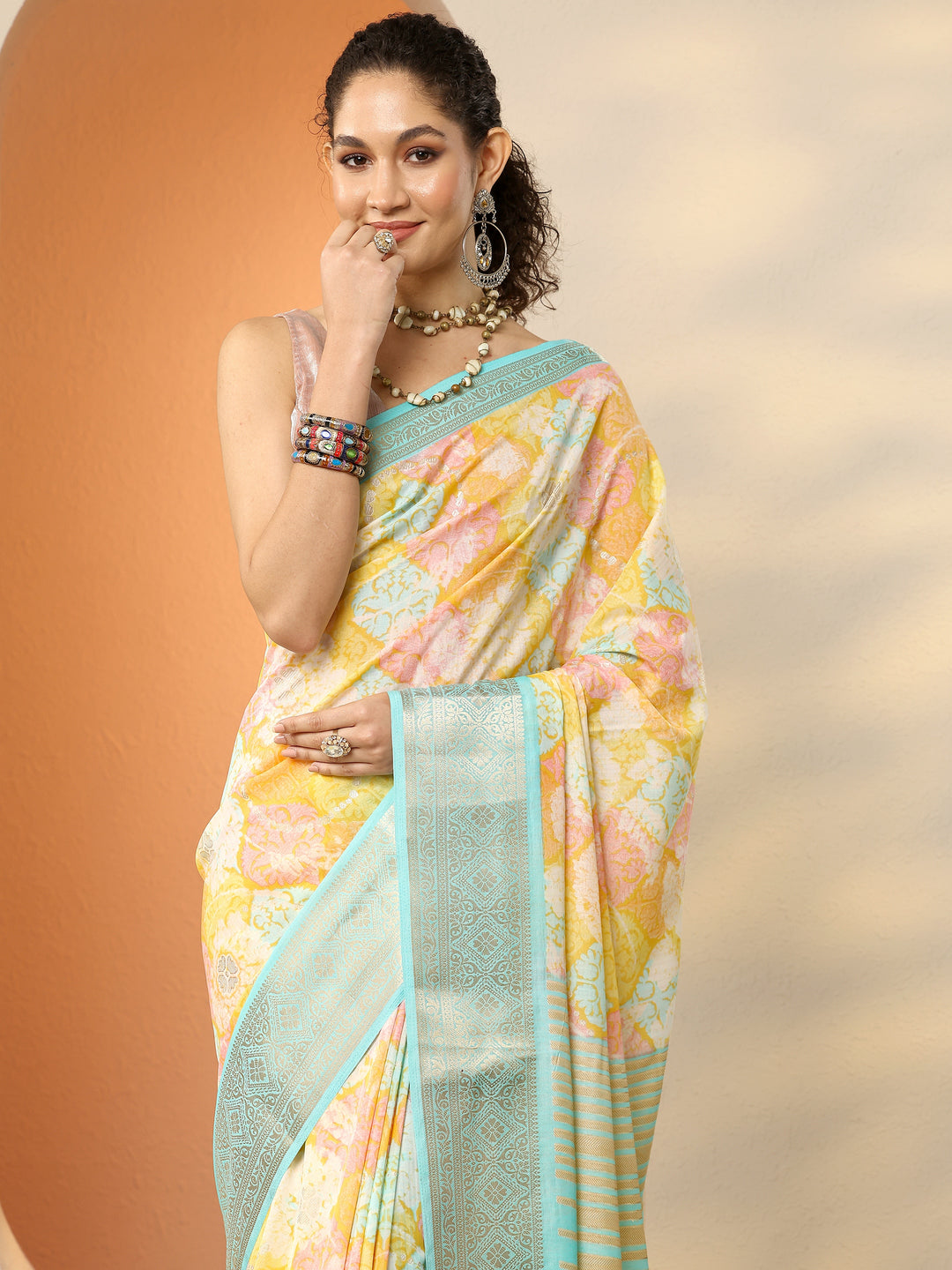  Multi Printed Silk Blend Saree With Unstitched Blouse Piece 