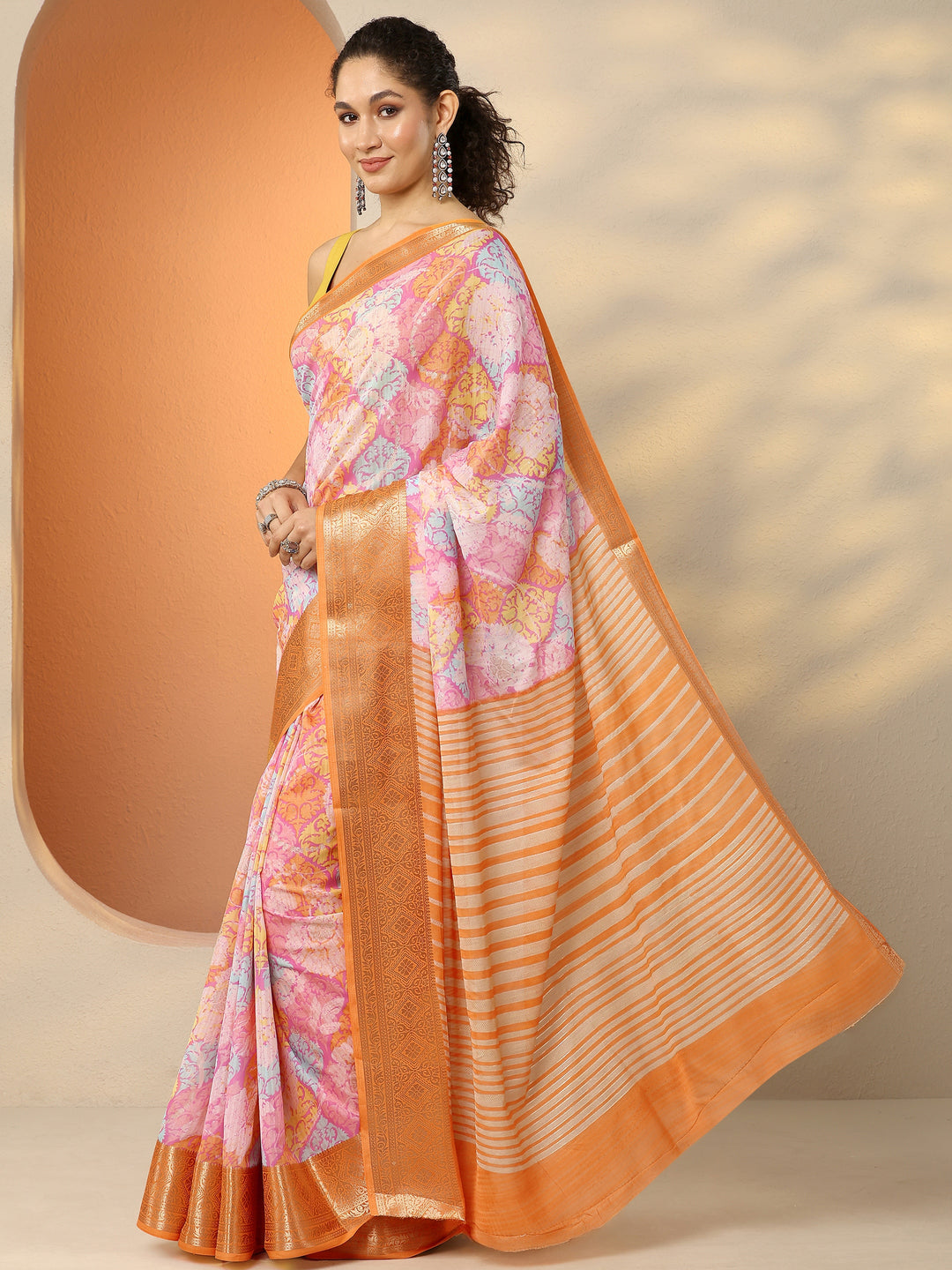  Multi Printed Silk Blend Saree With Unstitched Blouse Piece 