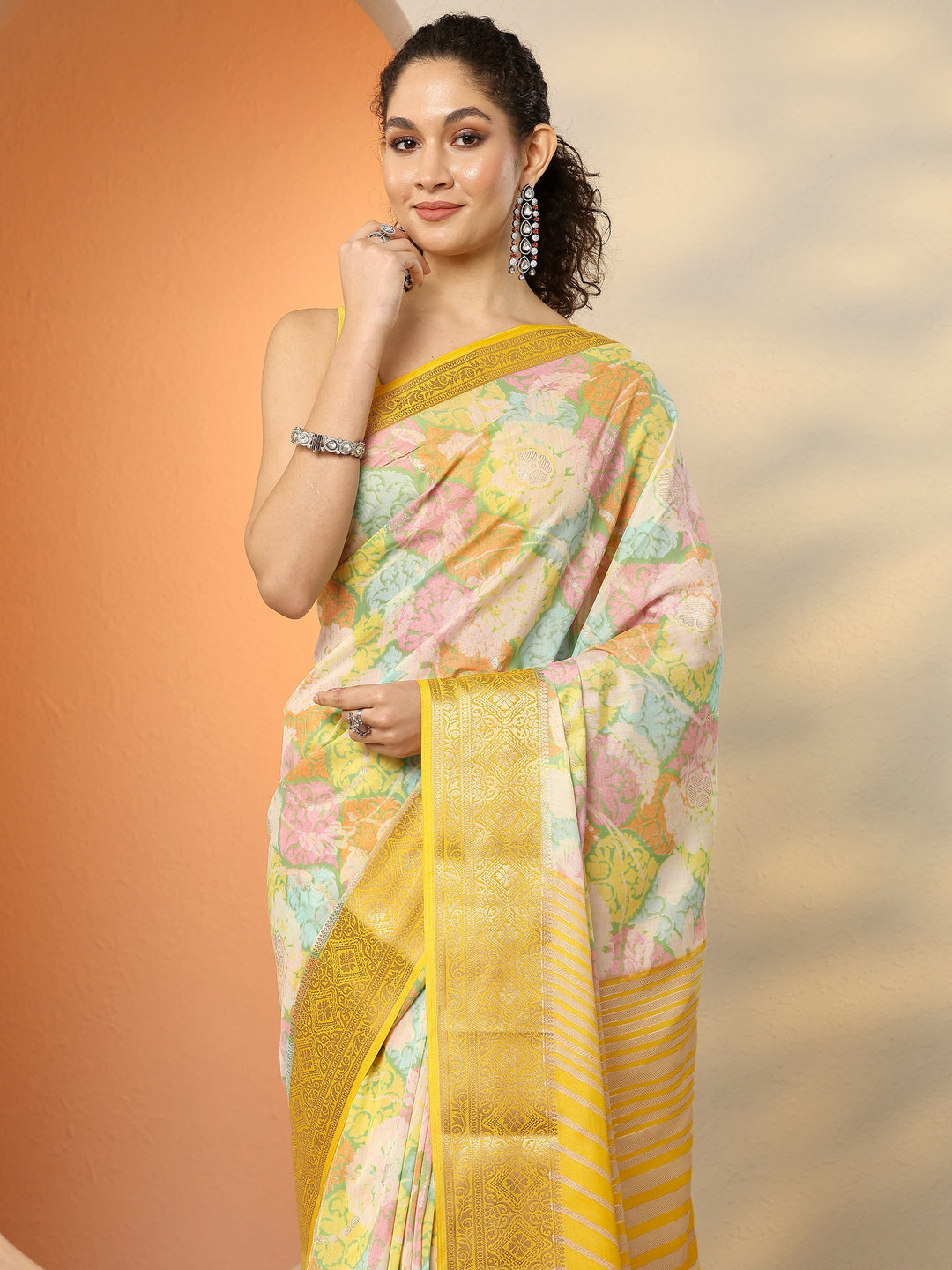  Multi Printed Silk Blend Saree With Unstitched Blouse Piece 