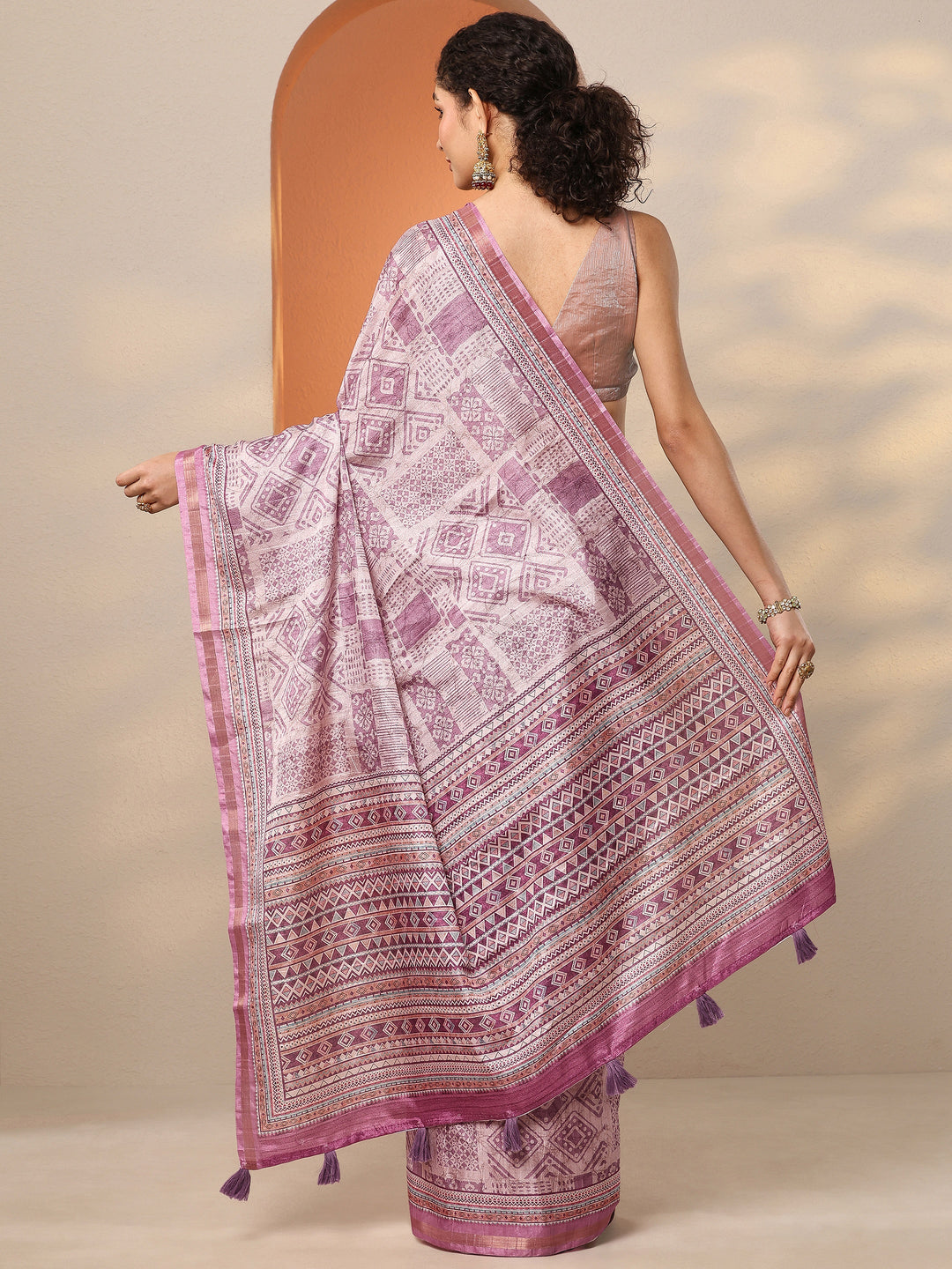  Lavender Printed Silk Blend Saree With Unstitched Blouse Piece 