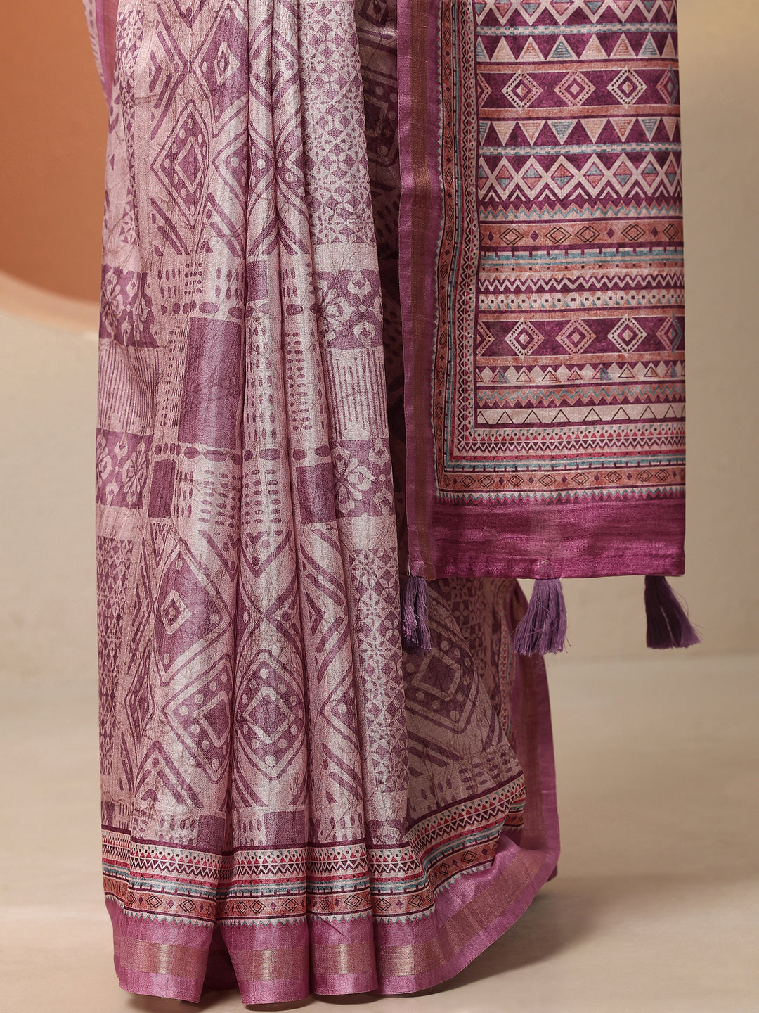  Lavender Printed Silk Blend Saree With Unstitched Blouse Piece 