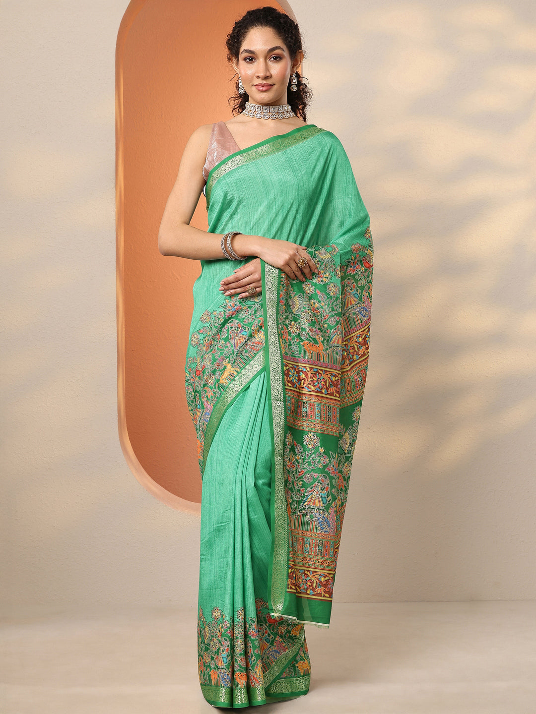  Green Printed Silk Blend Saree With Unstitched Blouse Piece 