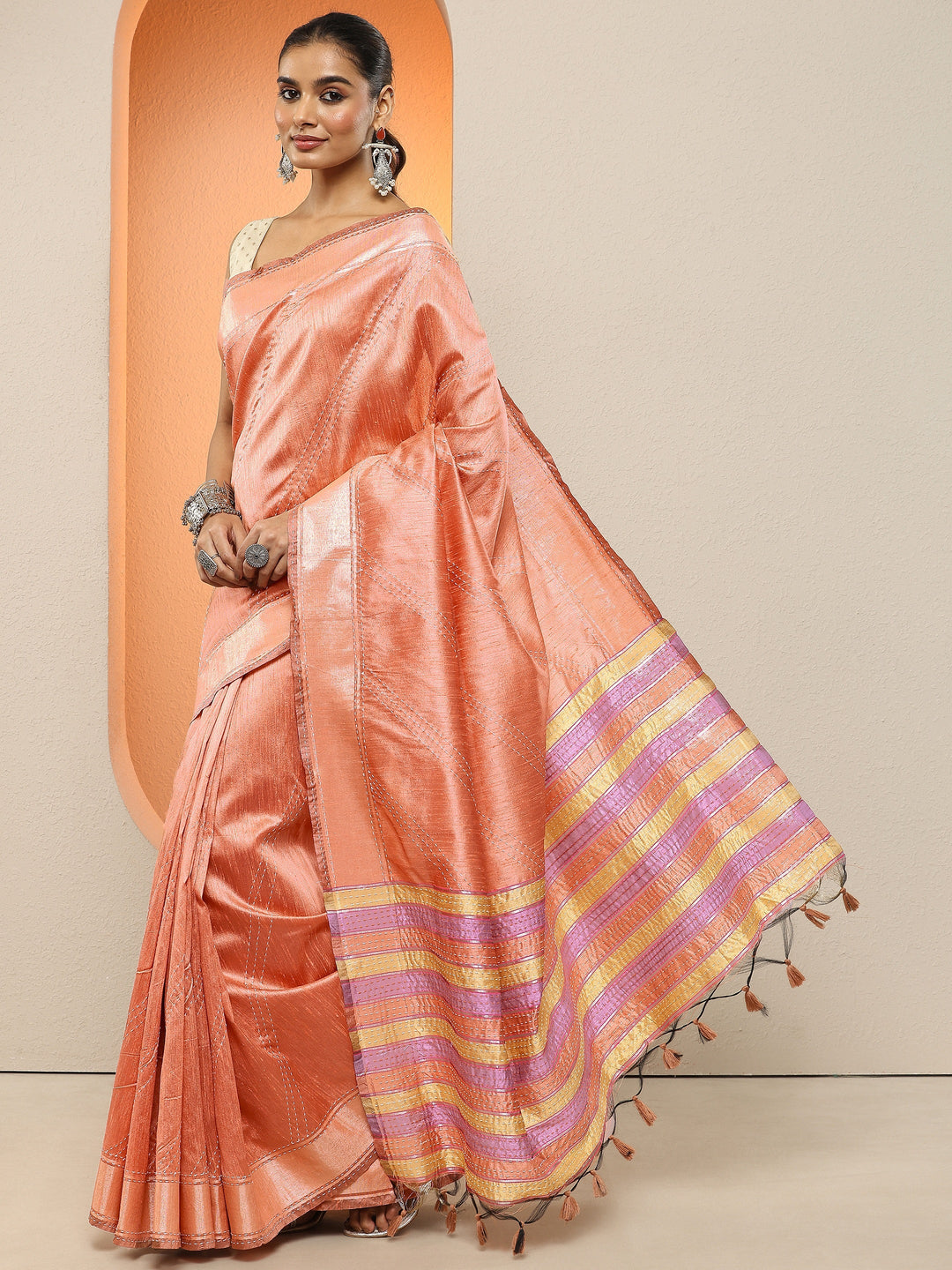  Peach Embellished Silk Blend Sarees With Unstitched Blouse Piece 