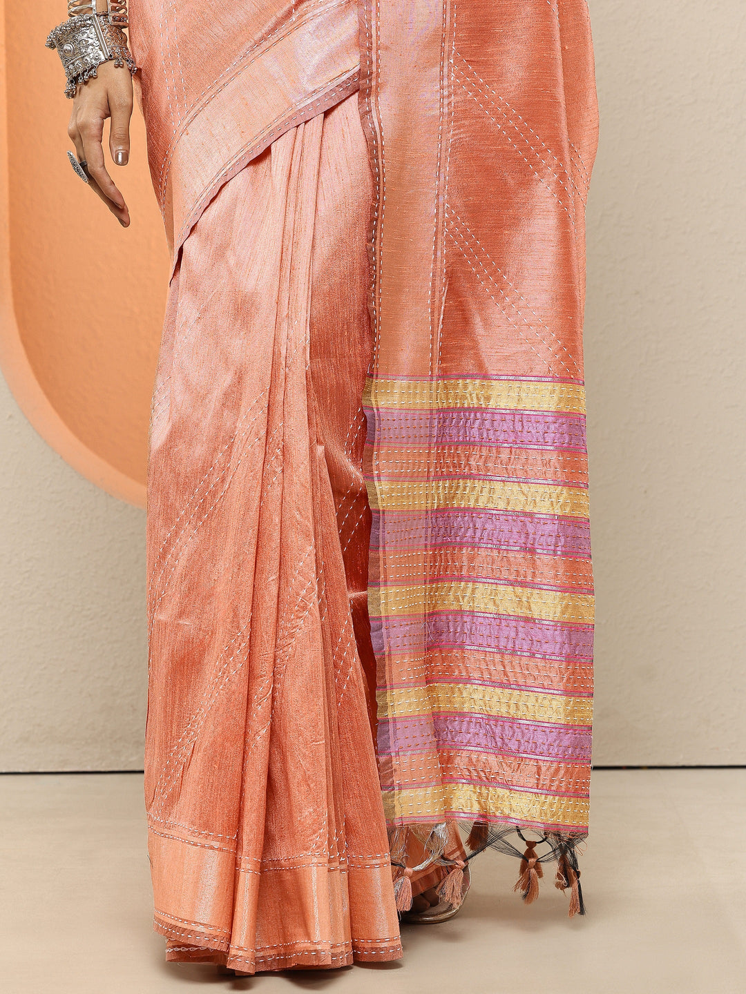  Peach Embellished Silk Blend Sarees With Unstitched Blouse Piece 