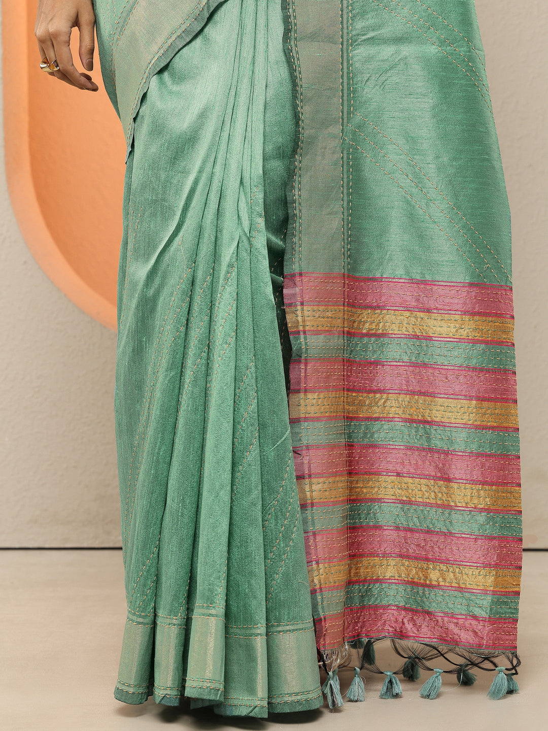  Green Embellished Silk Blend Sarees With Unstitched Blouse Piece 