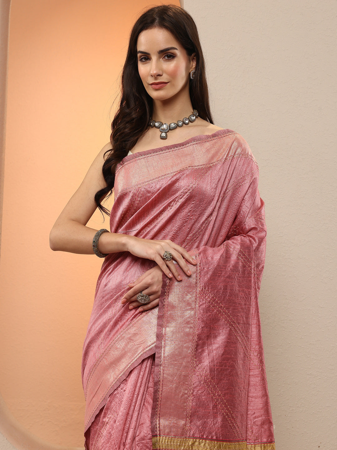 Pink Embellished Silk Blend Saree With Unstitched Blouse Piece 