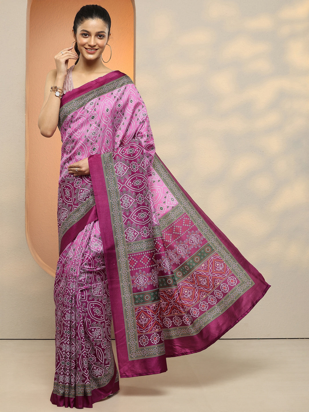  Pink Bandhani Printed Silk Blend Saree With Unstitched Blouse Piece 