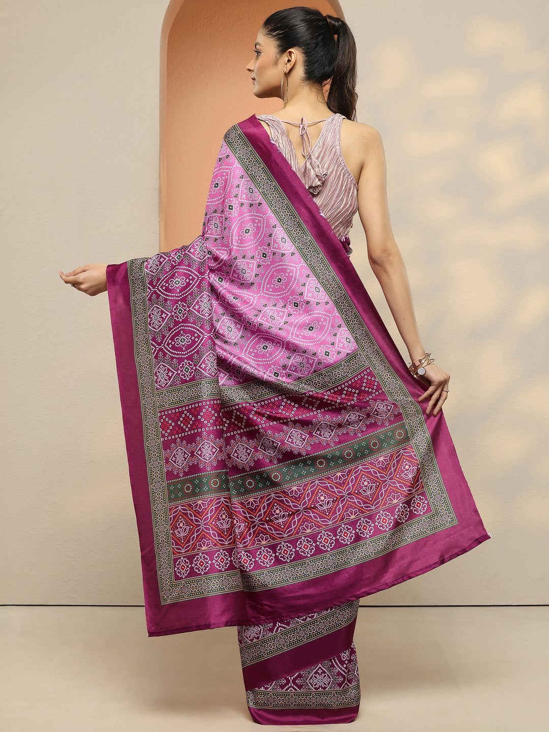  Pink Bandhani Printed Silk Blend Saree With Unstitched Blouse Piece 