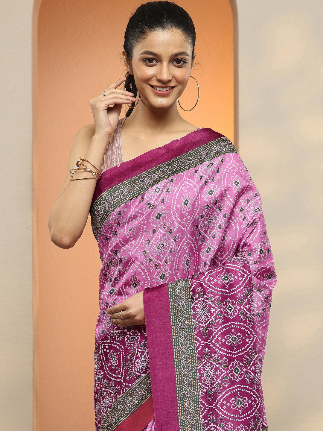  Pink Bandhani Printed Silk Blend Saree With Unstitched Blouse Piece 