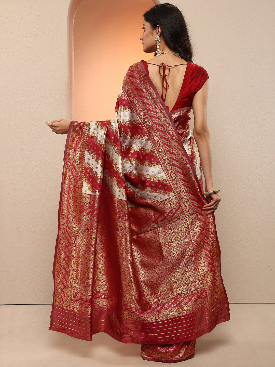  Red Woven Design Silk Blend Sarees With Unstitched Blouse Piece 