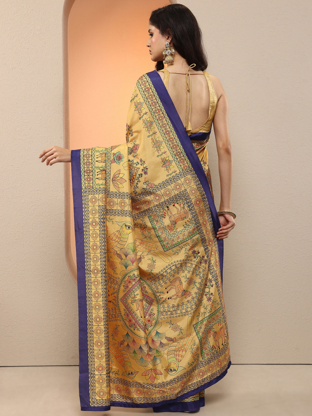  Gold Tribal Printed Silk Blend Saree With Unstitched Blouse Piece 