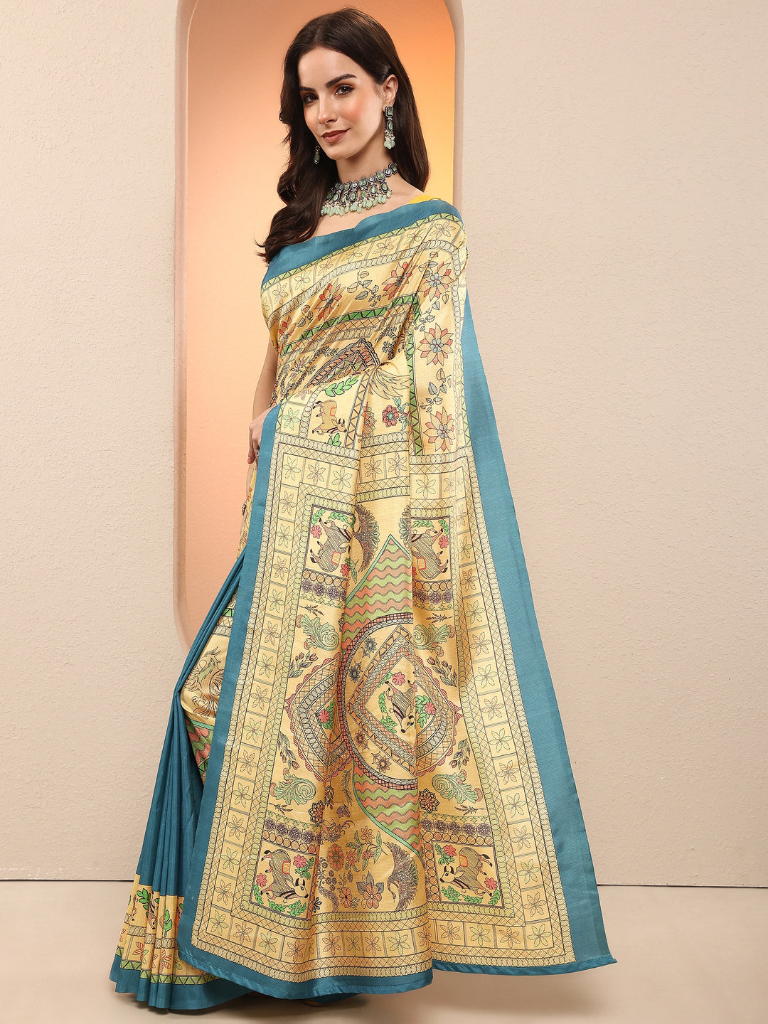  Gold Printed Silk Blend Sarees With Unstitched Blouse Piece 