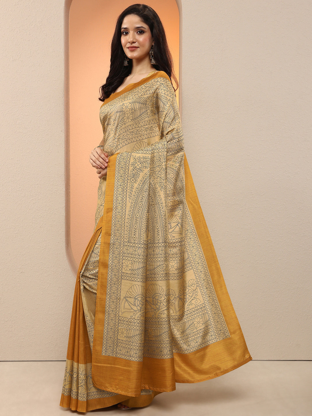  Gold Printed Silk Blend Saree With Unstitched Blouse Piece 
