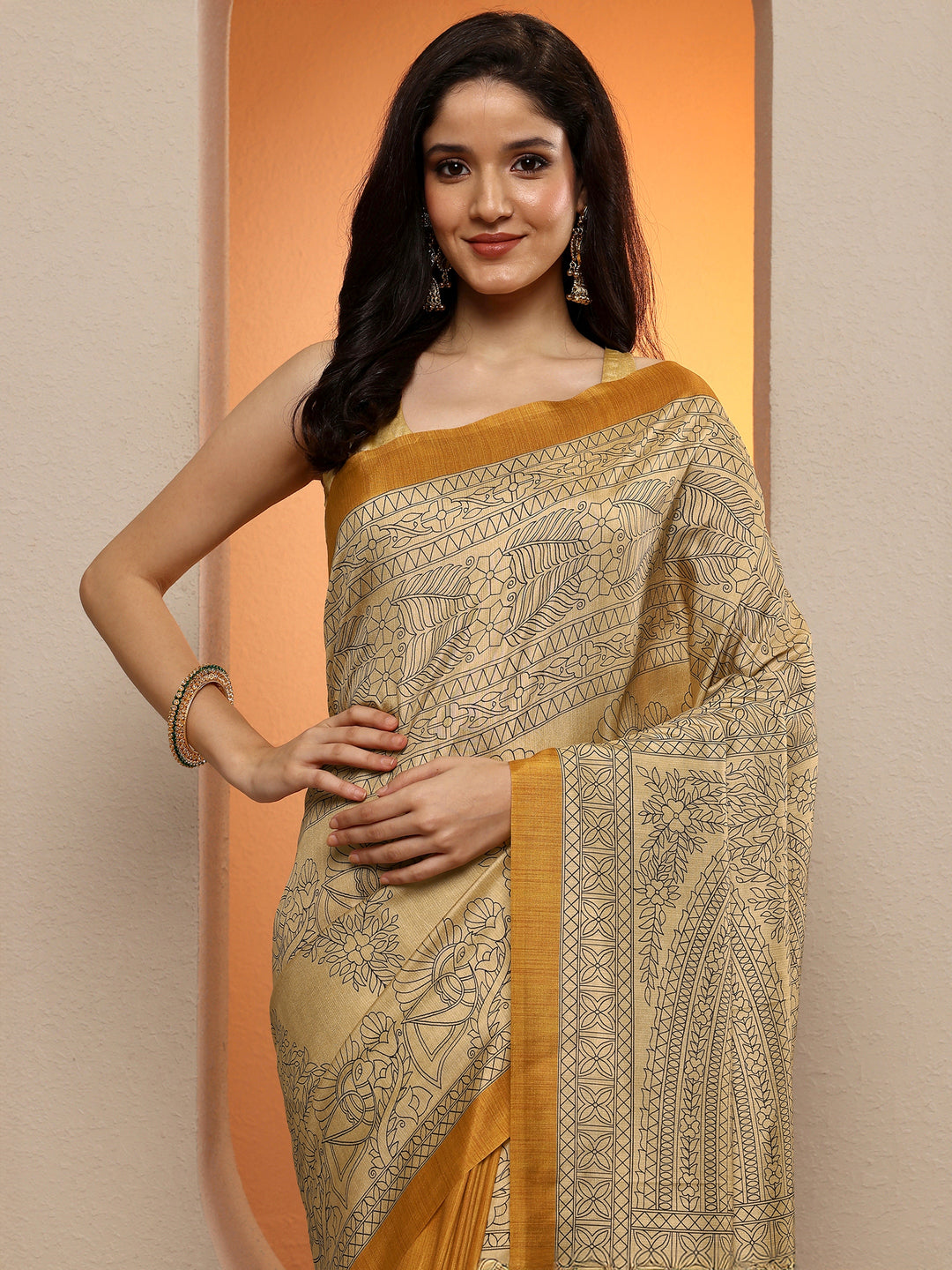  Gold Printed Silk Blend Saree With Unstitched Blouse Piece 