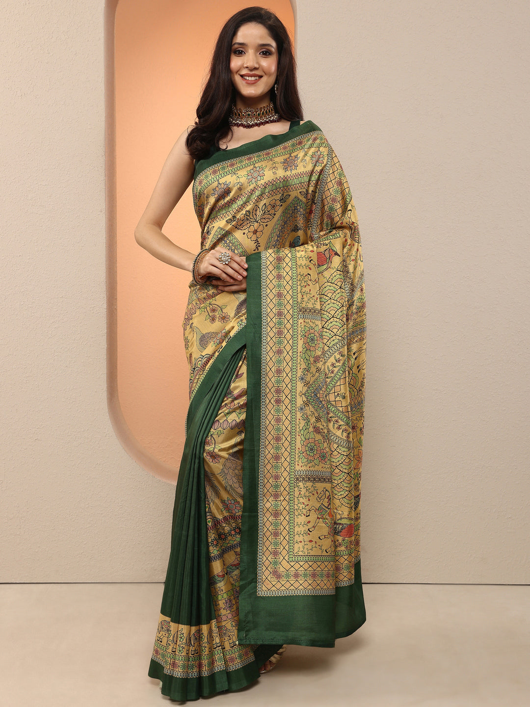  Gold Printed Silk Blend Saree With Unstitched Blouse Piece 
