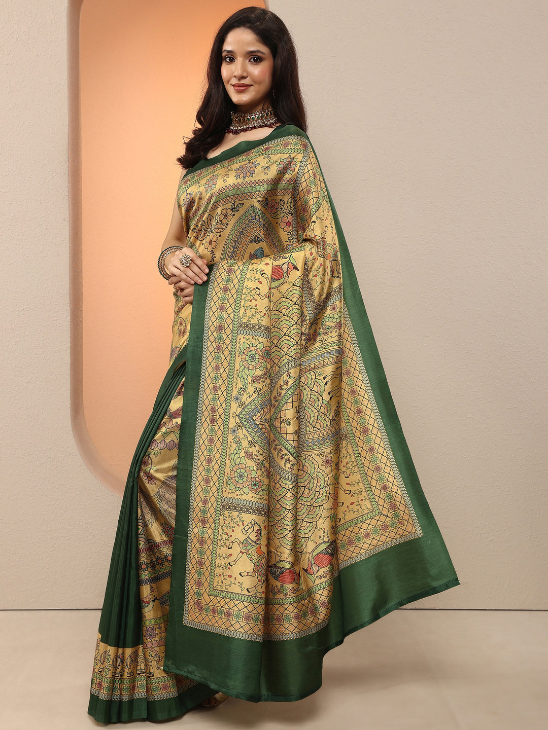  Gold Printed Silk Blend Saree With Unstitched Blouse Piece 