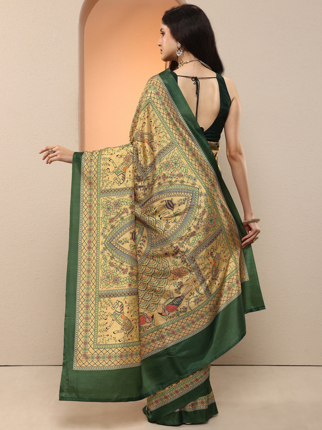  Gold Printed Silk Blend Saree With Unstitched Blouse Piece 