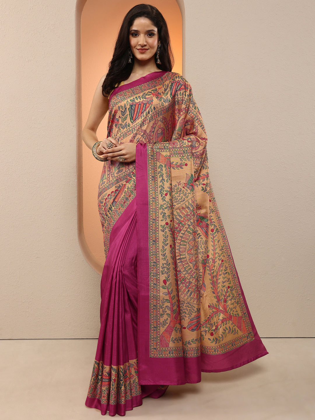  Gold Tribal Printed Silk Blend Saree With Unstitched Blouse Piece 