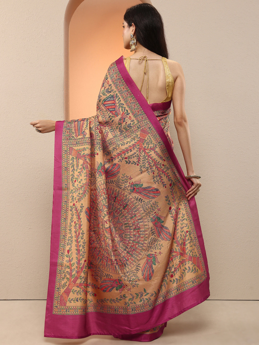  Gold Tribal Printed Silk Blend Saree With Unstitched Blouse Piece 