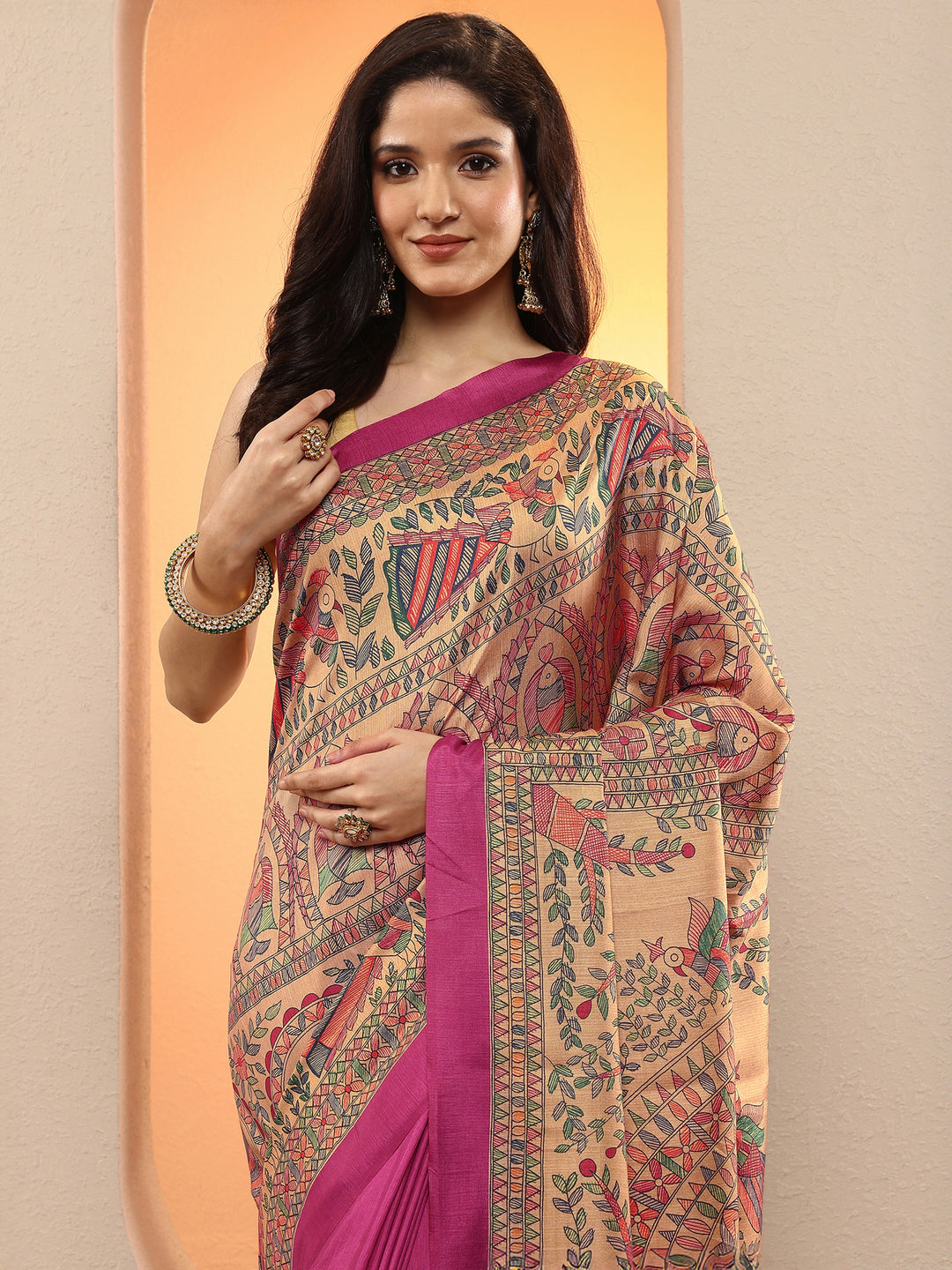  Gold Tribal Printed Silk Blend Saree With Unstitched Blouse Piece 