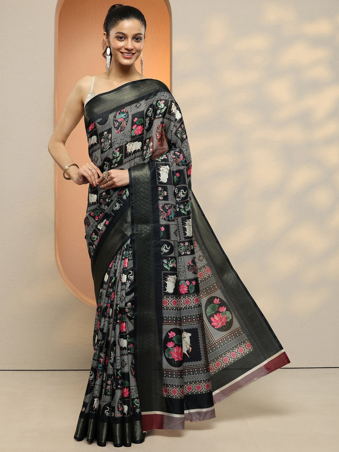  Black Printed Silk Blend Saree With Unstitched Blouse Piece 