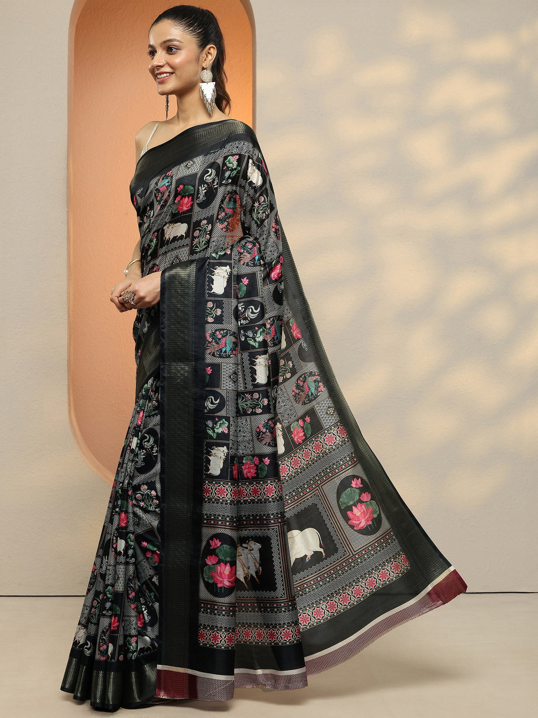  Black Printed Silk Blend Saree With Unstitched Blouse Piece 