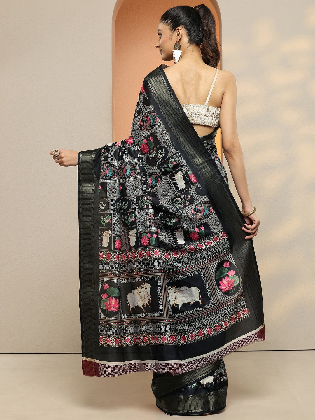  Black Printed Silk Blend Saree With Unstitched Blouse Piece 