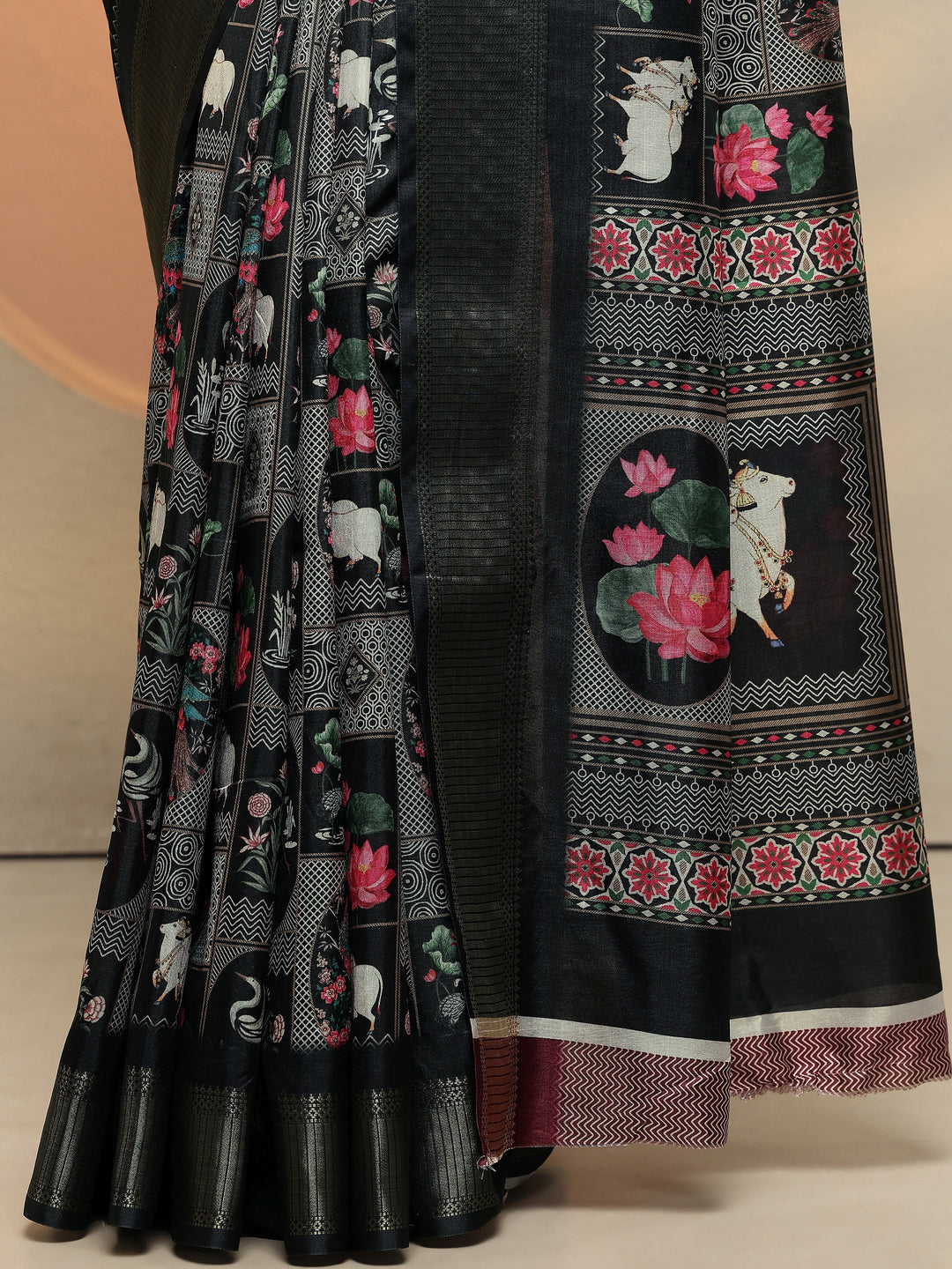  Black Printed Silk Blend Saree With Unstitched Blouse Piece 