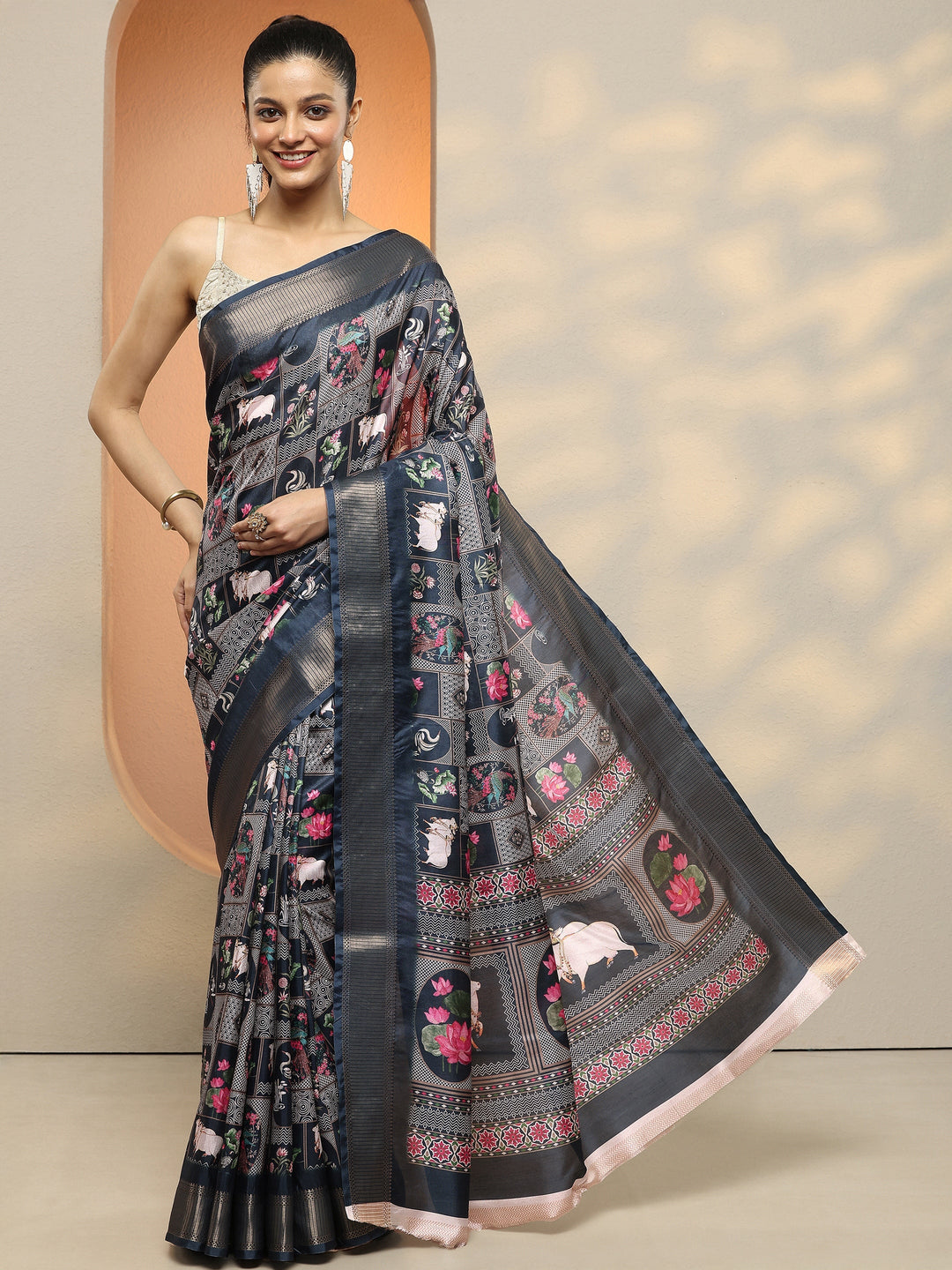  Navy Blue Printed Silk Blend Saree With Unstitched Blouse Piece 