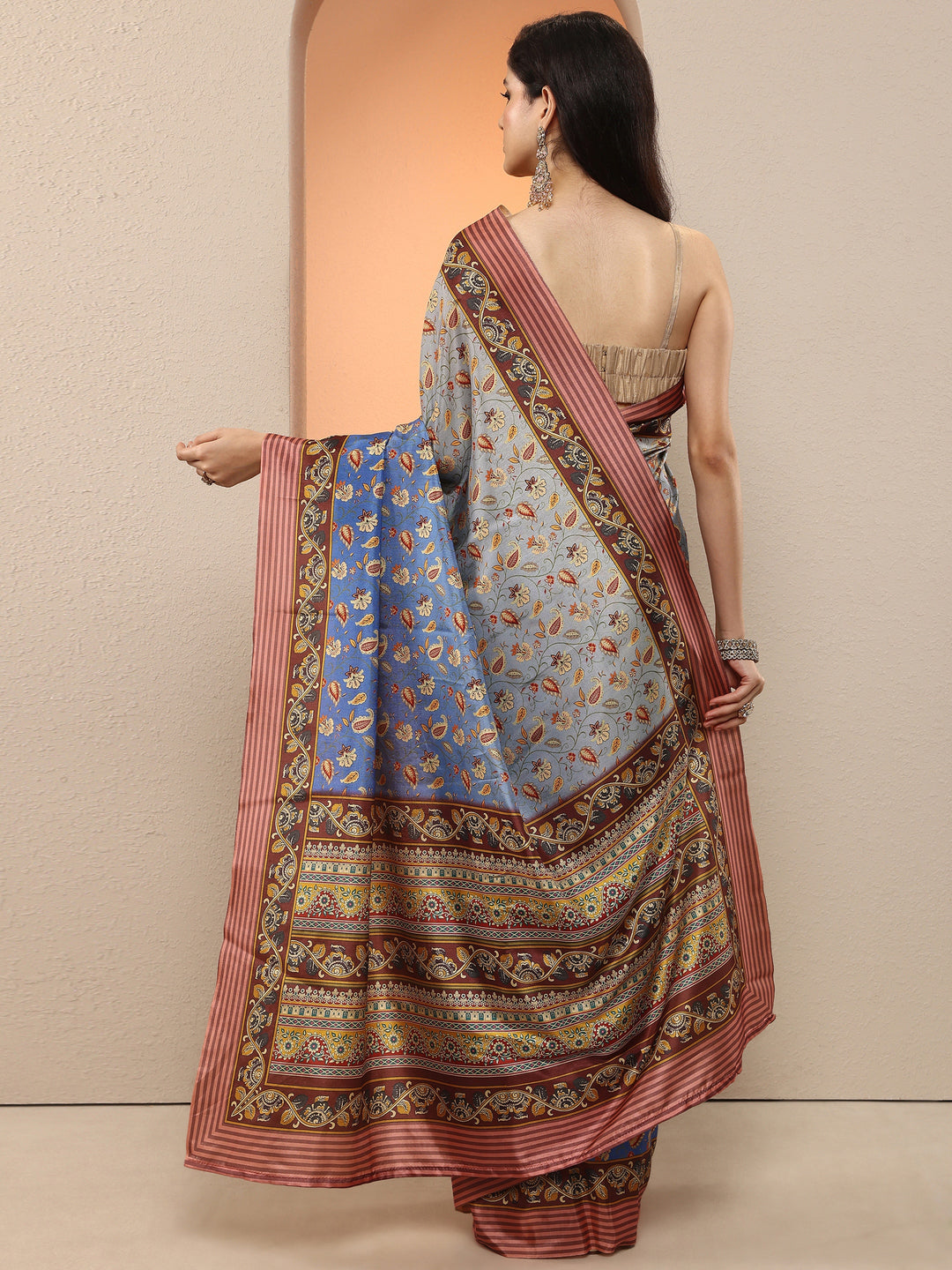  Blue Printed Silk Blend Saree With Unstitched Blouse Piece 