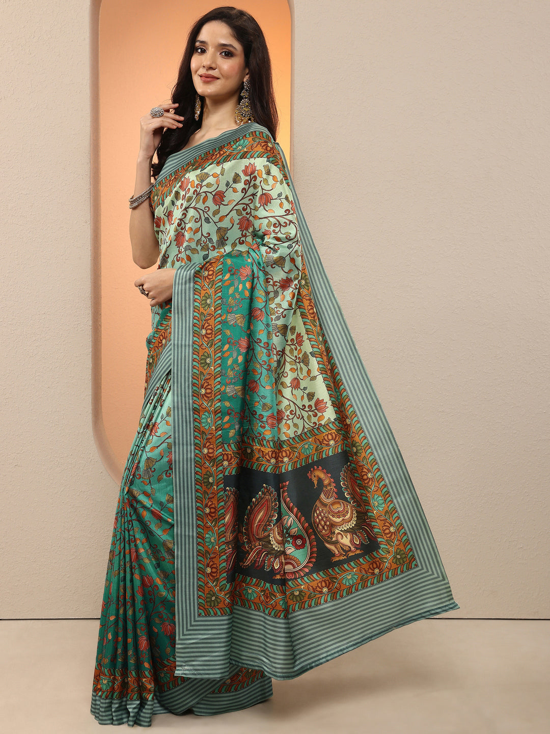  Green Printed Silk Blend Saree With Unstitched Blouse Piece 