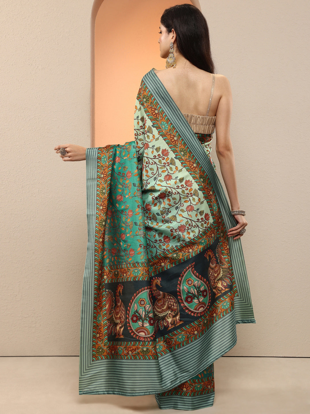  Green Printed Silk Blend Saree With Unstitched Blouse Piece 