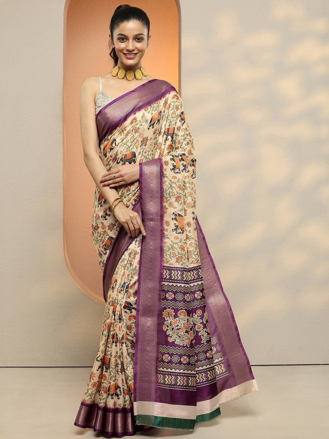  Beige Printed Silk Blend Saree With Unstitched Blouse Piece 