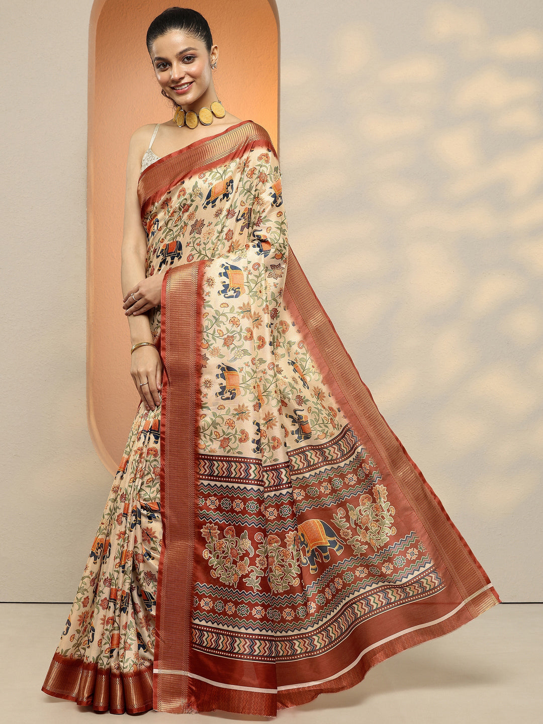  Beige Printed Silk Blend Saree With Unstitched Blouse Piece 