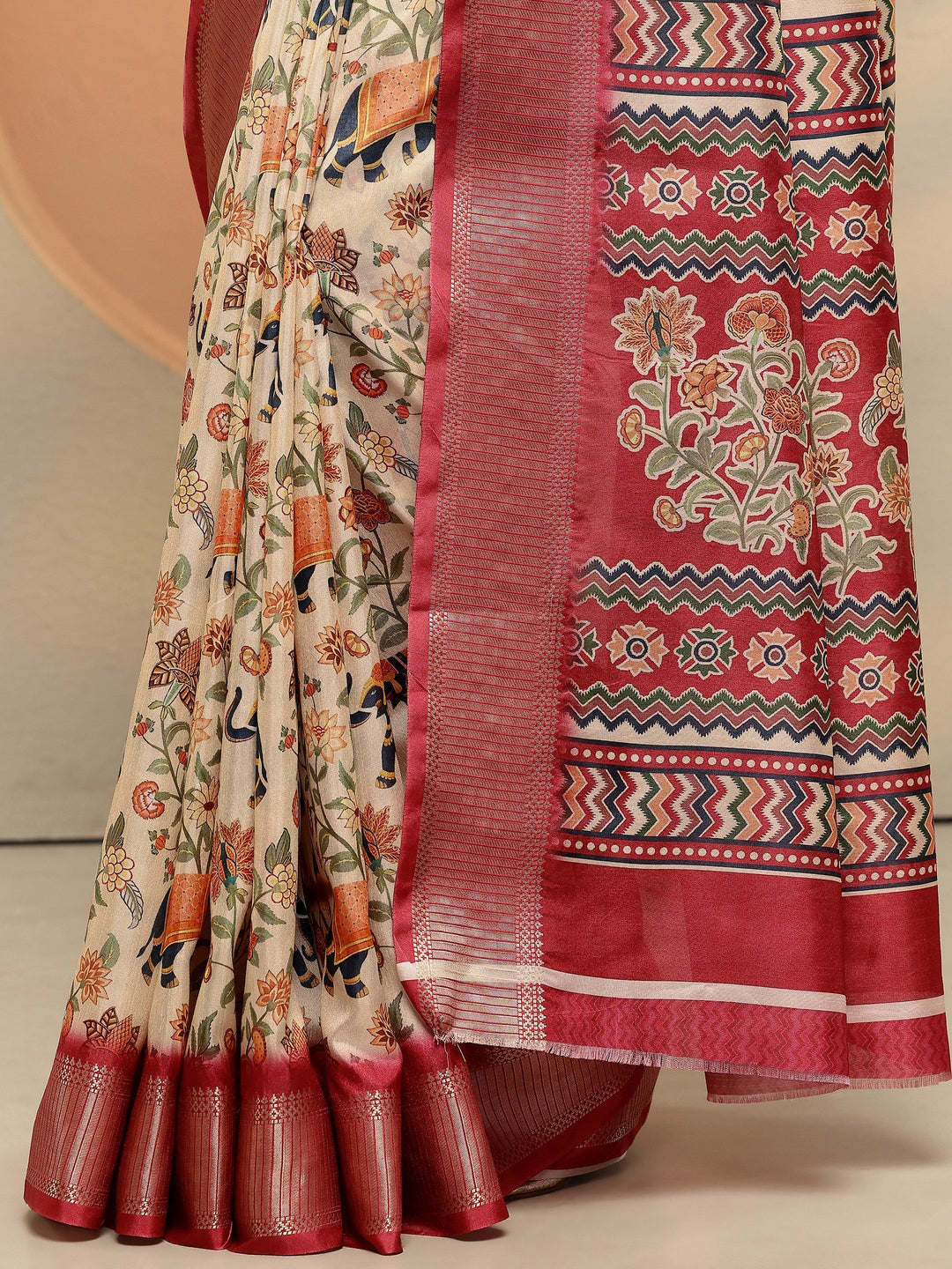  Beige Printed Silk Blend Saree With Unstitched Blouse Piece 