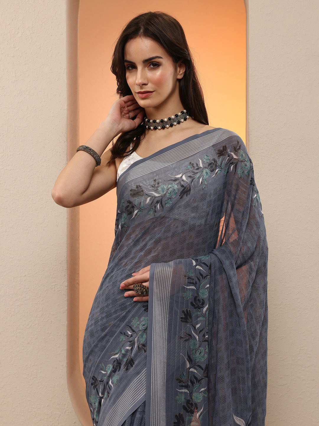  Grey Printed Georgette Saree With Unstitched Blouse Piece 