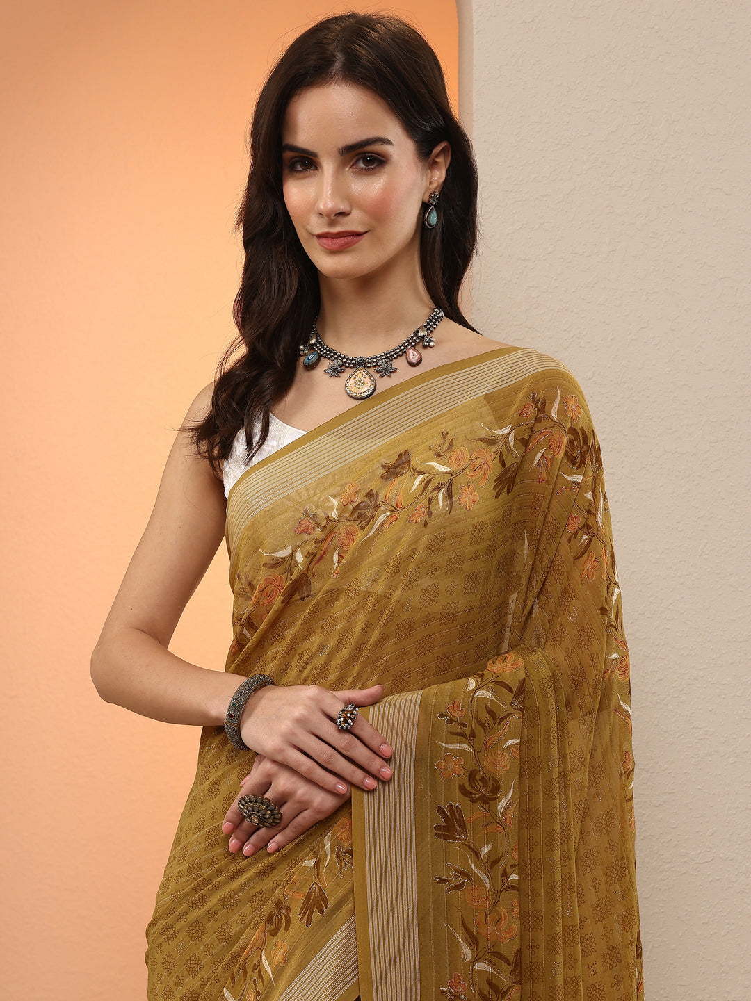  Mustard Printed Georgette Saree With Unstitched Blouse Piece 