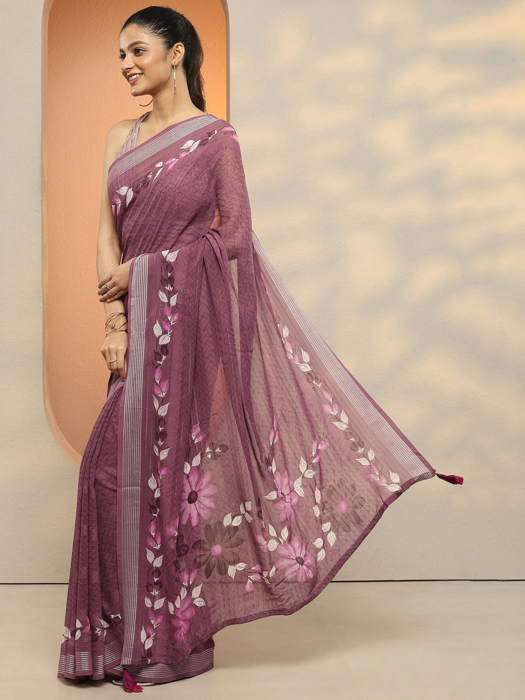  Mauve Striped Printed Georgette Saree With Unstitched Blouse Piece 