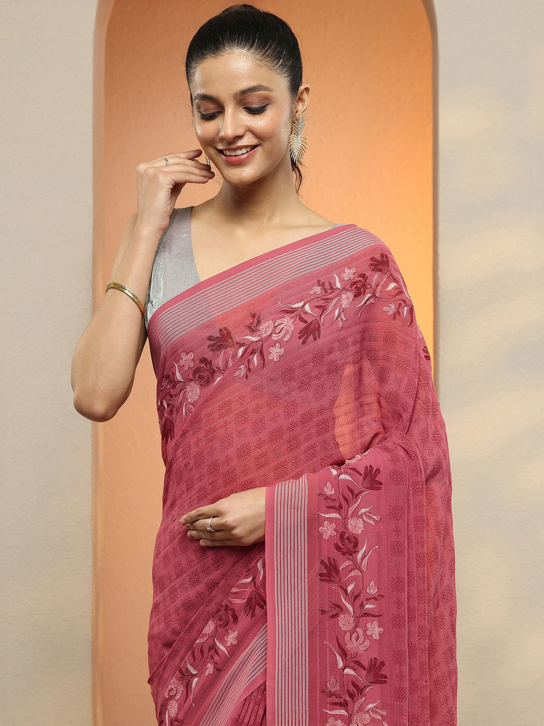  Pink Printed Georgette Saree With Unstitched Blouse Piece 