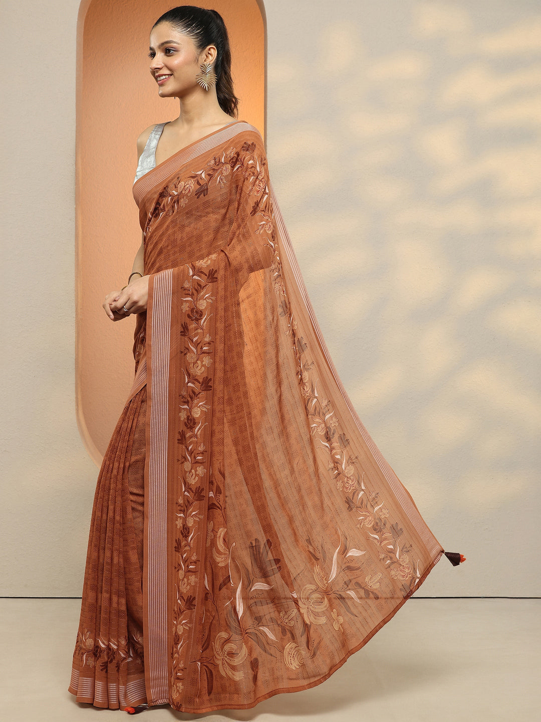  Brown Printed Georgette Saree With Unstitched Blouse Piece 