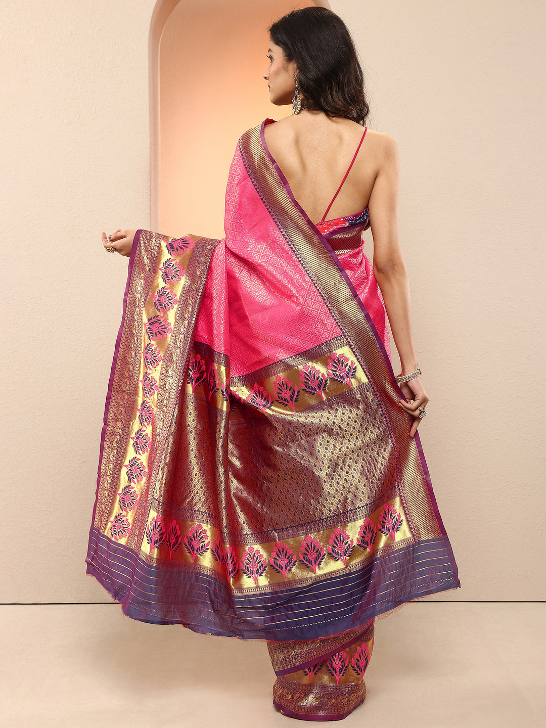  Pink Woven Design Silk Blend Sarees With Unstitched Blouse Piece 