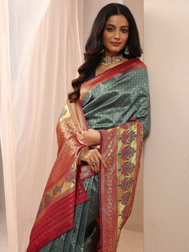 Libas Blue Woven Design Silk Blend Sarees With Unstitched Blouse Piece