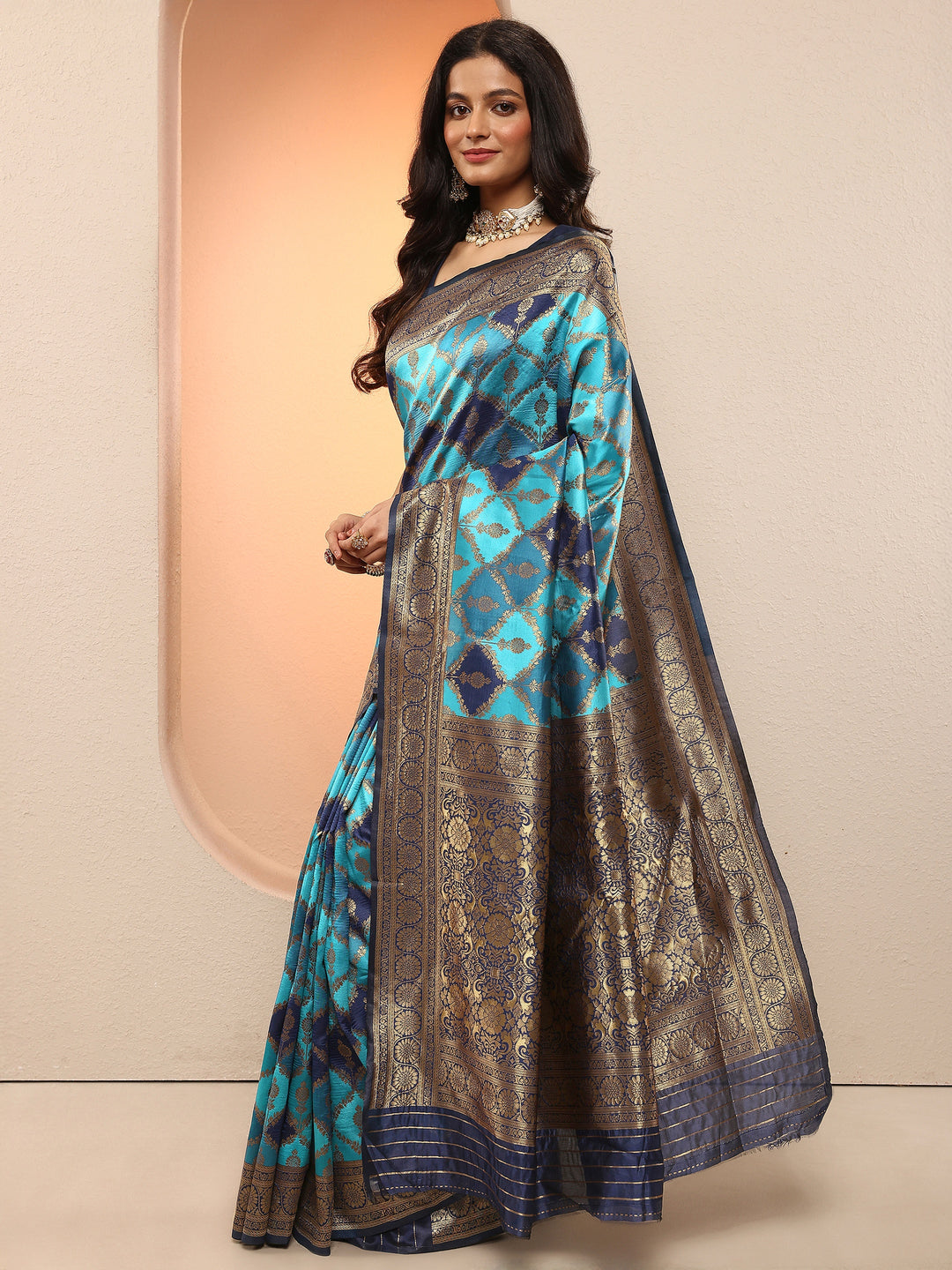  Blue Woven Design Silk Blend Sarees With Unstitched Blouse Piece 