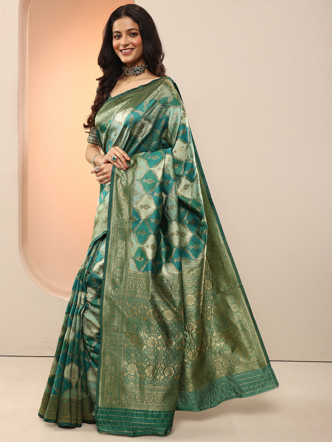  Green Woven Design Silk Blend Sarees With Unstitched Blouse Piece 