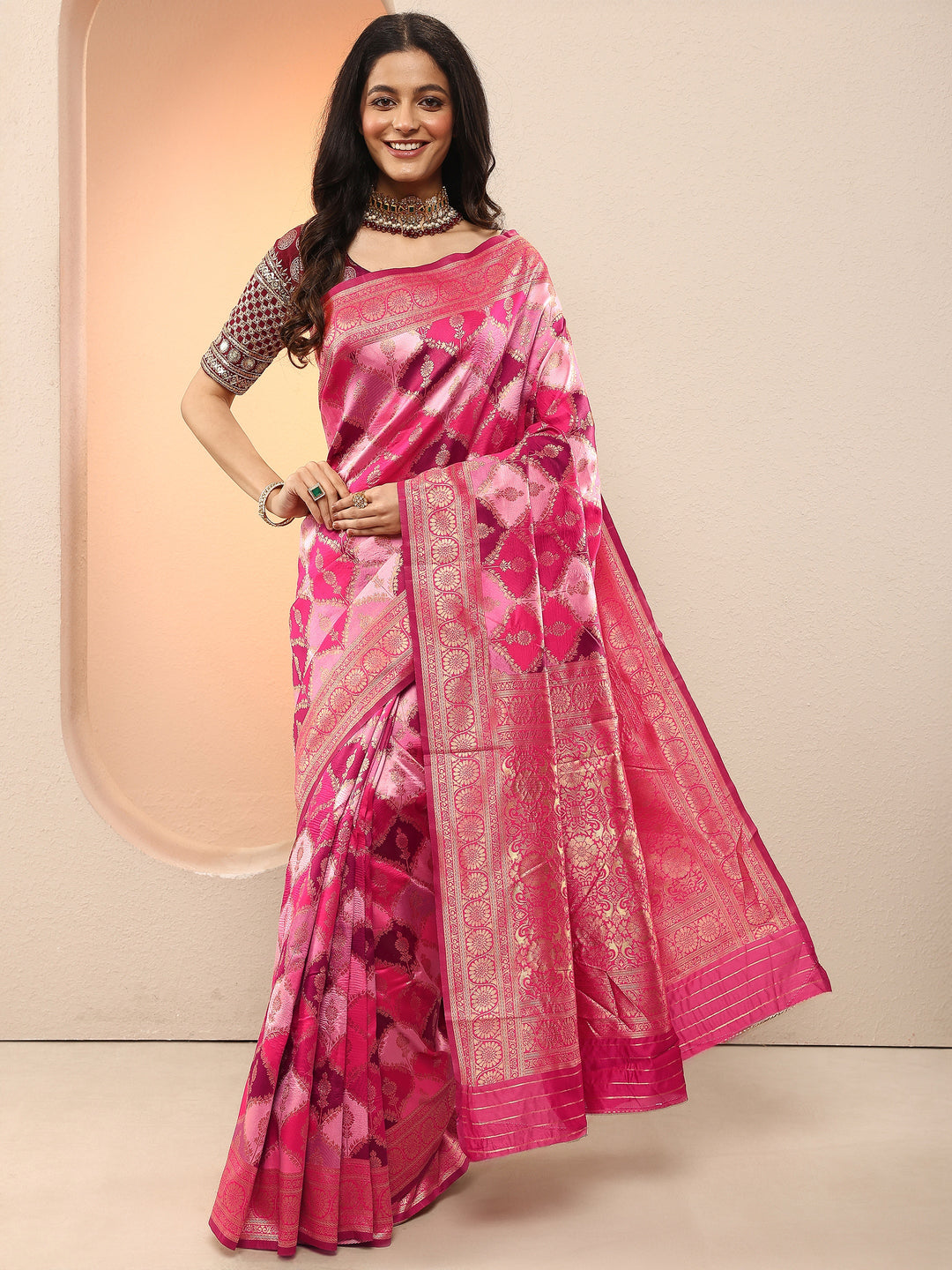  Pink Woven Design Silk Blend Sarees With Unstitched Blouse Piece 