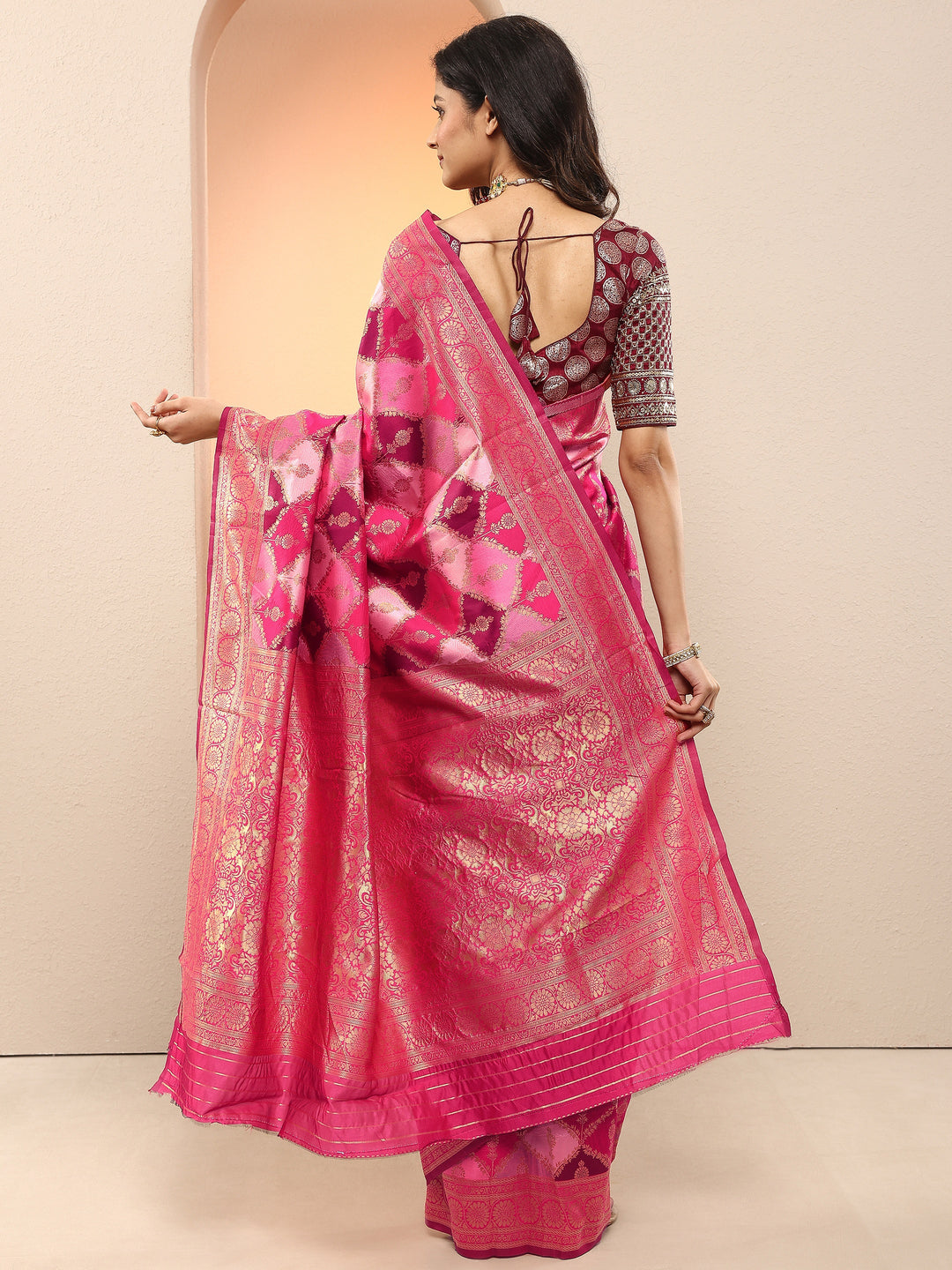  Pink Woven Design Silk Blend Sarees With Unstitched Blouse Piece 