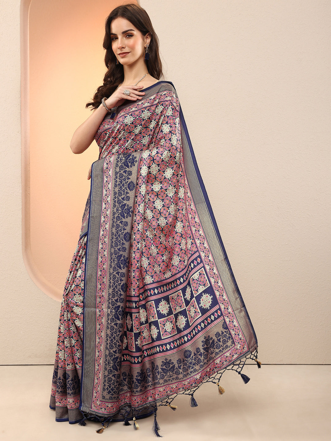  Blue Printed Silk Blend Sarees With Unstitched Blouse Piece 