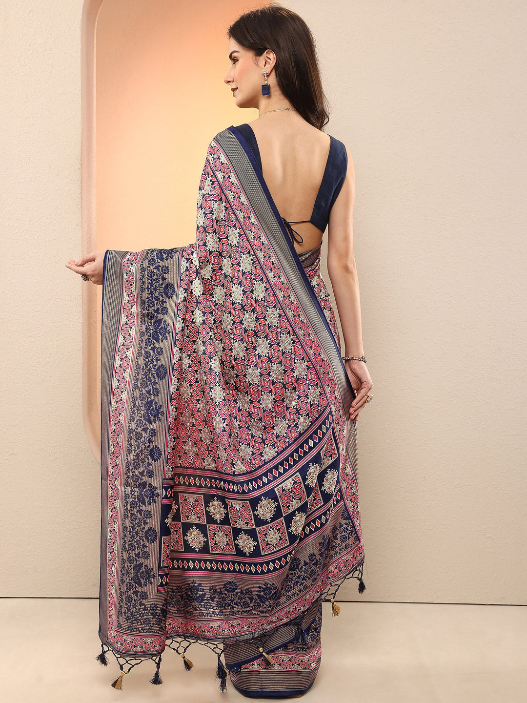 Blue Printed Silk Blend Sarees With Unstitched Blouse Piece 